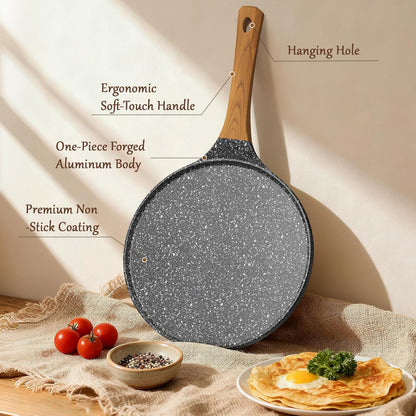 10-Inch Crepe Pan, Nonstick Pancake & Dosa Pan, Tortilla Pan Dosa Tawa, Flat Griddle Pan, Induction Compatible, Easy to Clean, with Wooden Spreader