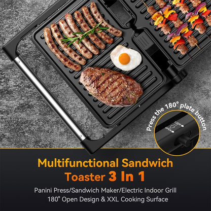 Panini Grill Press, 1200 W Sandwich Maker, Panini Maker with Non-Stick Coated Cast Aluminum Plates, Fits 2 Slices of Bread, 180-Degree Opening, Easy to Clean,Versatile Use