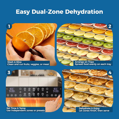 OSTBA Dual Zone Food Dehydrator, 20 Stainless Steel Trays, 1300W Dual Layer Food Dryer with Recipe, 180℉ Adjustable Temp, 48H Digital Timer, 10 Presets for Jerky, Meat, Fruit, Herbs