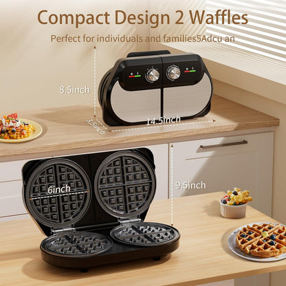 Double Waffle Maker 6 Inch, 1400W Belgian Waffle Maker for Breakfast and Snacks, Stainless Steel Waffle Iron with Nonstick Plates, Temperature Knob, Cool-Touch Handles