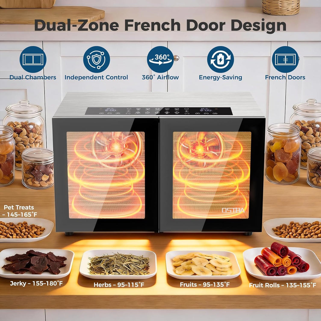 OSTBA Dual Zone Food Dehydrator, 20 Stainless Steel Trays, 1300W Dual Layer Food Dryer with Recipe, 180℉ Adjustable Temp, 48H Digital Timer, 10 Presets for Jerky, Meat, Fruit, Herbs