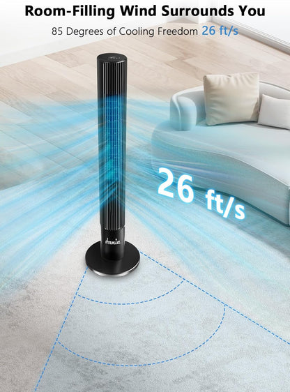 Tower Fans for Bedroom, 85° Oscillating Bladeless Fans, Standing Fans with Touch LED Display, 12H Timer, Remote, 3 Speeds 3 Modes Max 26ft/s, 43" Cooling Quiet Floor Fan for Home Office