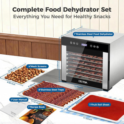 OSTBA Food Dehydrator, 8 Stainless Steel Trays, 95–165℉ Adjustable Temperature, 48h Digital Timer, Double-Layer Food Dryer, Recipe for Fruit, Vegetable, Jerky, Herb, 650W Home Use