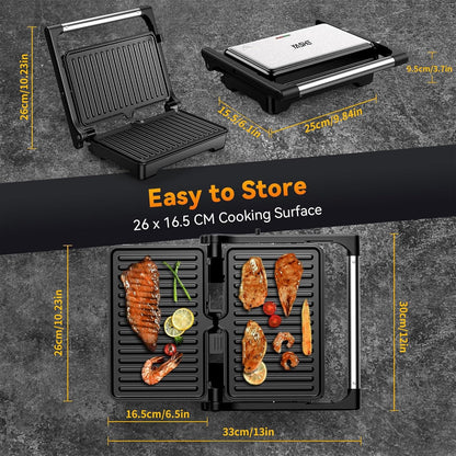 Panini Grill Press, 1200 W Sandwich Maker, Panini Maker with Non-Stick Coated Cast Aluminum Plates, Fits 2 Slices of Bread, 180-Degree Opening, Easy to Clean,Versatile Use