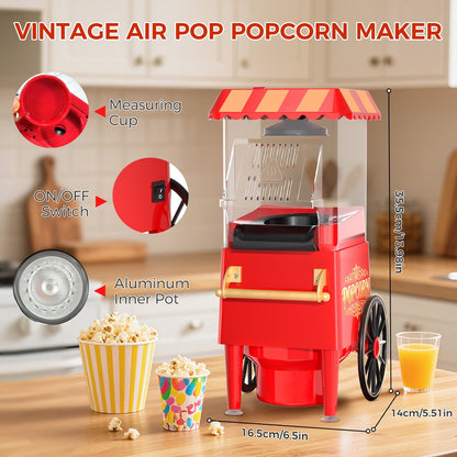 OSTBA 1200W Hot Air Popcorn Maker, 12 Cups Oil-Free Popcorn Popper with Retro Design, Butter Tray & One-Button Control, Perfect for Home & Parties