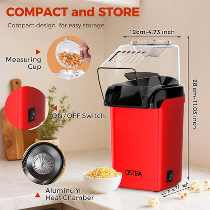 OSTBA 1200W Air Popcorn Maker – Oil-Free Hot Air Popper, 12-Cup Capacity, Easy One-Button Operation, Butter Tray, Compact for Home & Parties
