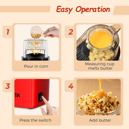 OSTBA 1200W Air Popcorn Maker – Oil-Free Hot Air Popper, 12-Cup Capacity, Easy One-Button Operation, Butter Tray, Compact for Home & Parties