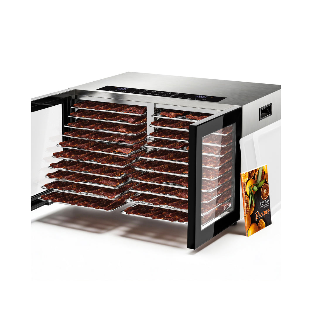 OSTBA Dual Zone Food Dehydrator, 20 Stainless Steel Trays, 1300W Dual Layer Food Dryer with Recipe, 180℉ Adjustable Temp, 48H Digital Timer, 10 Presets for Jerky, Meat, Fruit, Herbs